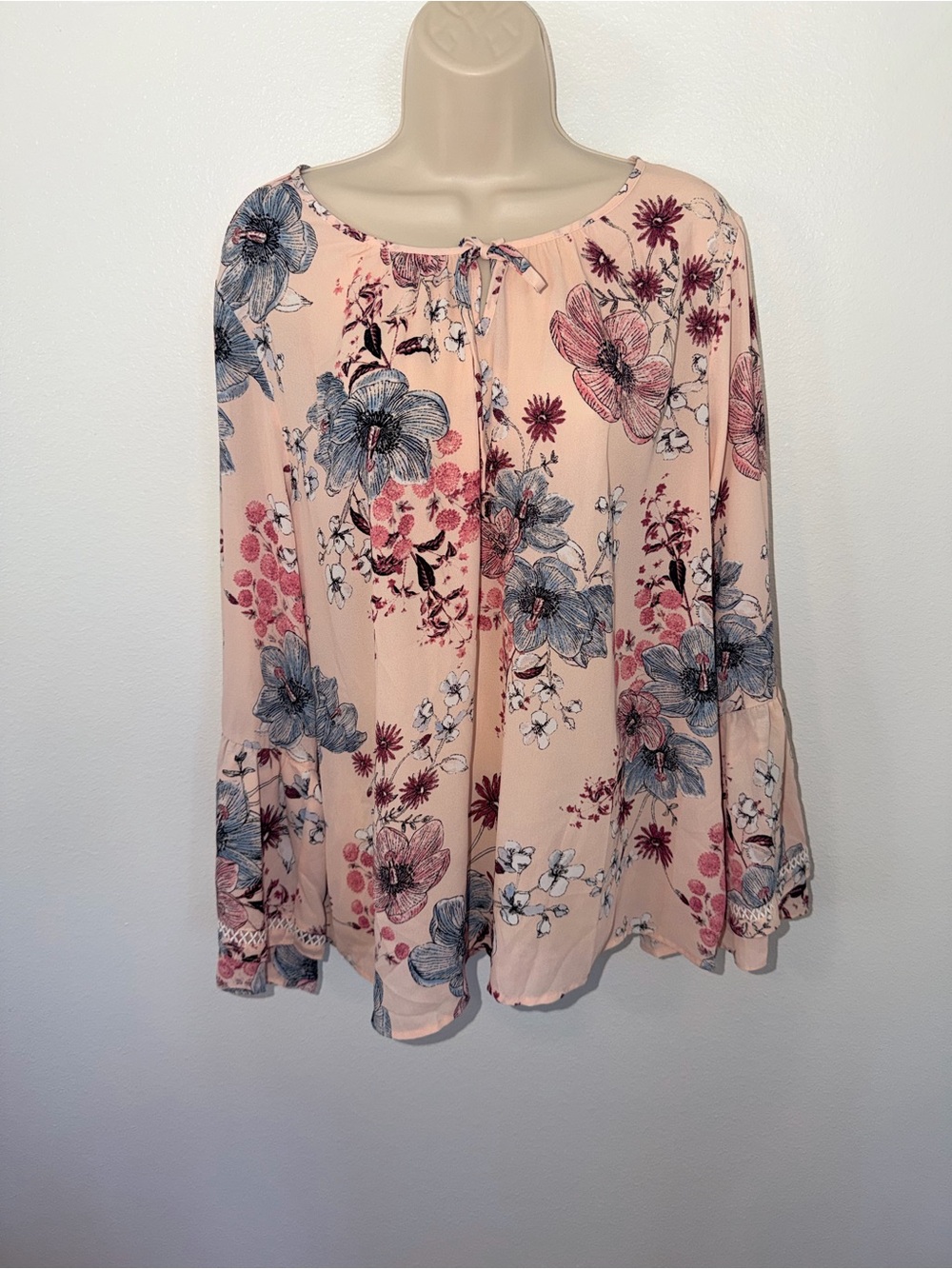 Style & Co. Peach Floral Tie-Neck Peasant Top